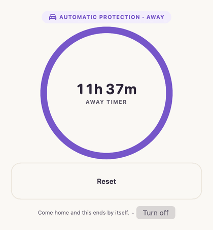 Woof’s Automatic Protection card while its owner is out: an Away Timer counting down, a note that coming home ends it by itself, and Reset and Off controls.