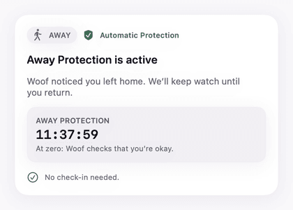 Woof’s Automatic Protection screen, with separate switches for Away Protection and Home Protection.