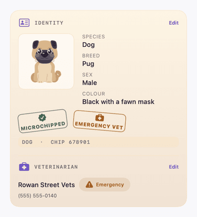 A Woof Pet Passport: species, breed, sex and color, a microchip stamp, and an emergency vet with a phone number.