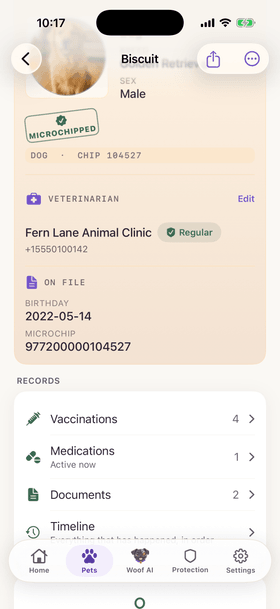 Biscuit’s Pet Record: a Microchipped stamp, Fern Lane Animal Clinic as his regular vet, four vaccinations, one active medication and two documents.