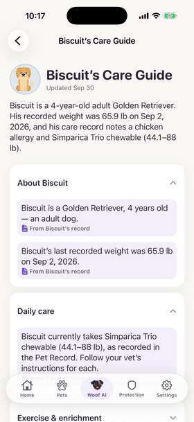 Biscuit’s Care Guide: about Biscuit and his daily care, each point marked “From Biscuit’s record”.