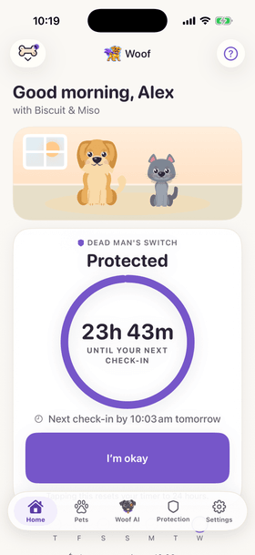 The Woof home screen for a demo household: Biscuit the golden retriever and Miso the cat at home, the Dead Man’s Switch reading Protected with 23 hours 43 minutes until the next check-in, and a large “I’m okay” button.