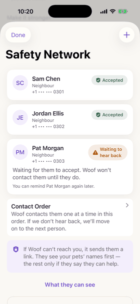 The Safety Network screen: Sam Chen and Jordan Ellis have accepted, Pat Morgan hasn’t answered yet, and Woof contacts them one at a time in this order.