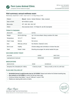 A sample visit summary from the fictional Fern Lane Animal Clinic for Biscuit, dated September 2, 2026: his weight, a leptospirosis vaccine given that day, a monthly Simparica Trio chewable, a Bordetella booster due by October 12 and an ear recheck on October 14.