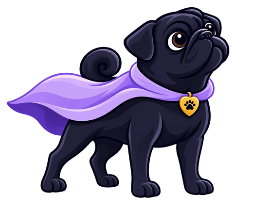 The Woof mascot, a black pug in a lavender cape.