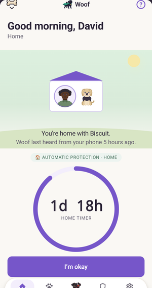 Woof on an Android phone: the household scene, the Home Timer counting, and the “I’m okay” button.