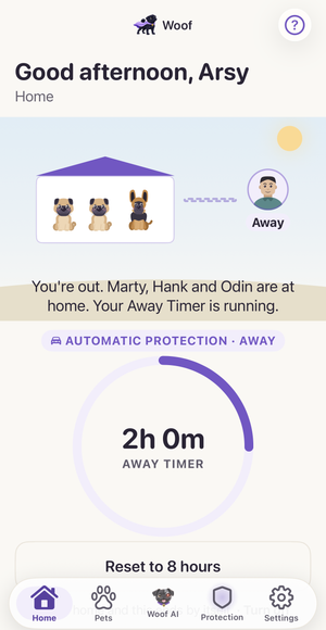 A real Woof home screen while its owner is out: Marty, Hank and Odin at home, the owner marked Away, and the Away Timer counting down from 2 hours.