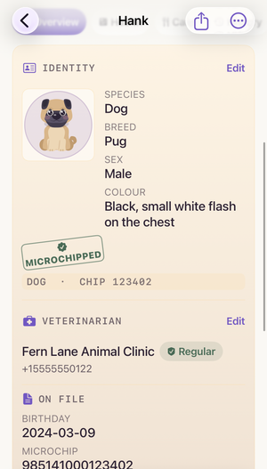 Hank’s real Woof Pet Record: species, breed, sex and color, a Microchipped stamp with his chip number, his veterinarian with a phone number, and his birthday on file.