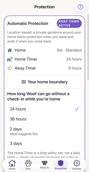 The real Protection screen with Automatic Protection active: the home set, a 24-hour Home Timer, an 8-hour Away Timer, and the home-boundary map control.