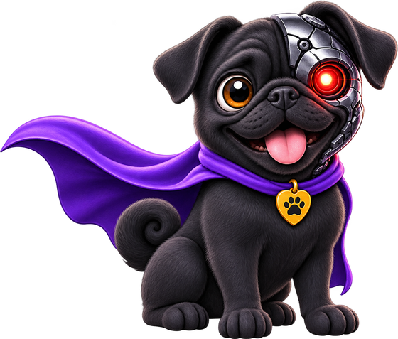 The Woof AI mascot: the caped black pug, upgraded so half his face is friendly cybernetic plating with one glowing red eye.